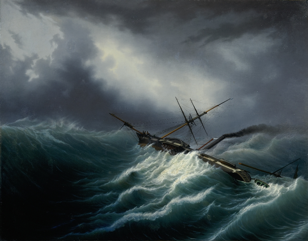 Hubert Sattler, Kosmorama: Das Dampfschiff "Mentor" in einem Sturm im Mittelmeer, Öl auf Leinwand, Inv.-Nr. 5660-49