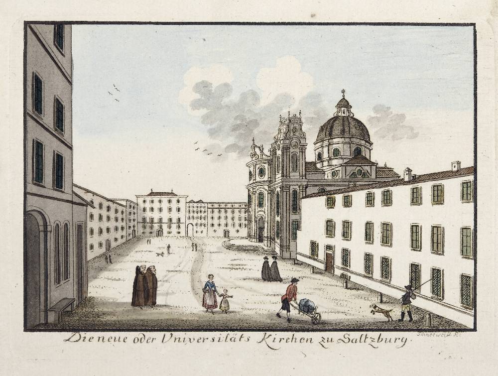 Kollegienkirche in Salzburg, Carl Schneeweis (1745–1826), Um 1800, Radierung, koloriert, Salzburg Museum, Inv.-Nr. 1944-49