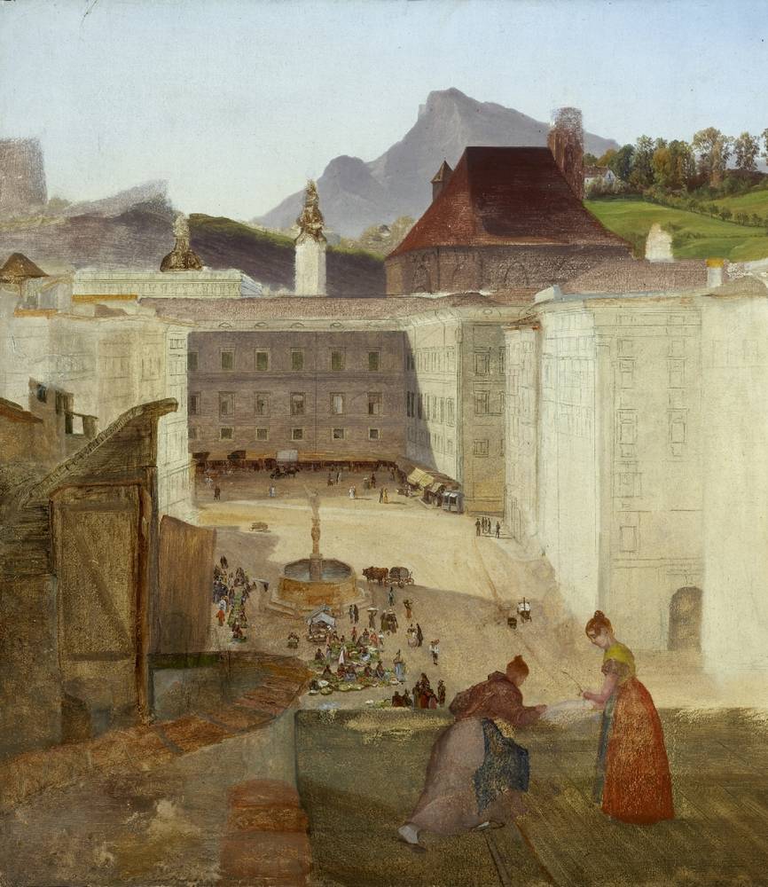 Alter Markt in Salzburg mit Verkaufsbuden, Friedrich Loos (1797–1890), Um 1830, Öl auf Papier auf Leinwand; unvollendet, Salzburg Museum, Inv.-Nr. 212-54