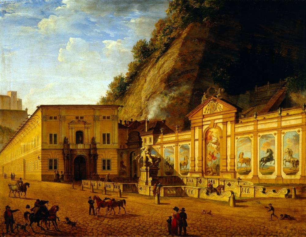 Die Pferdeschwemme bei den Hofstallungen in Salzburg (Kosmorama), Johann Michael Sattler (1786–1847, 1828, Öl auf Leinwand, Salzburg Museum, Inv.-Nr. 53-25