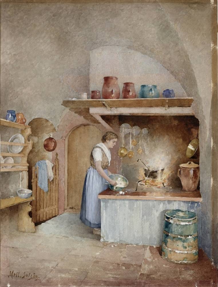 Alte Küche mit Magd am Herdfeuer, Carl Mell, Anfang 20. Jahrhundert, InvNr 1109-2015, © Salzburg Museum
