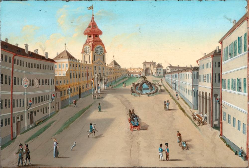 Der Mirabellplatz vor dem Brand 1818 Salzburg, Johann Matthias Wurzer (1760–1838) nach Hieronymus Allgeyer (1776–1817), 1815, InvNr 96-25, © Salzburg Museum