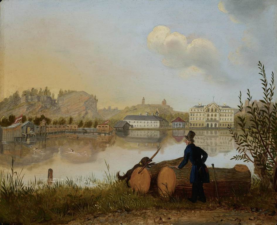 Unbekannt, Spaziergänger am Leopoldskroner Weiher mit der Militär-Schwimmschule, um 1830, Öl auf Metall, © Salzburg Museum
