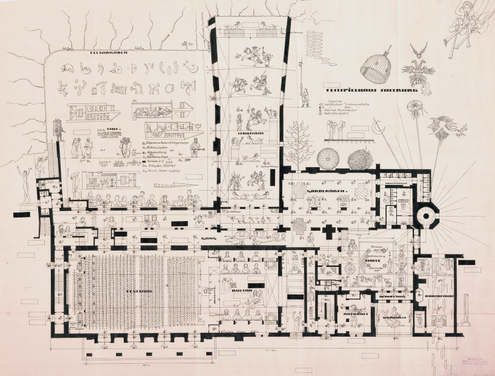 Lionel Favre, Kunst im Haus (Vorlage/Originalplan: Grundriss des Festspielhauses und der Felsenreitschule, 1933), Tusche auf Papier, Foto: Salzburg Museum, Ankauf bei Galerie Mario Mauroner, Salzburg, http://www.lionelfavre.ch/