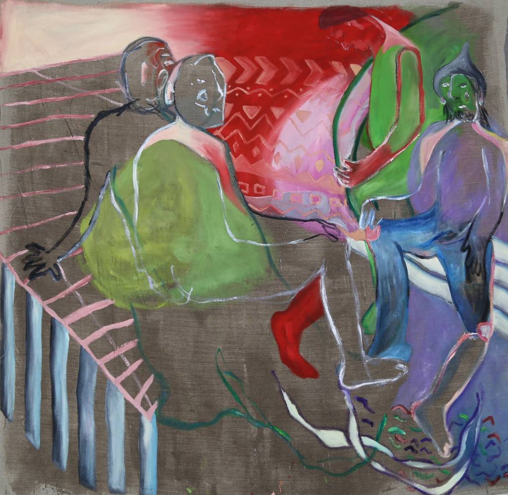 Daniela Kasperer, Sauna Company, 2021, Öl auf Leinwand, 200 x 200 cm, 2021, Ankauf bei Galerie Sophia Vonier Salzburg, © Courtesy Daniela Kasperer