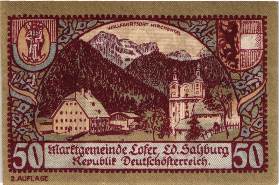 50 Heller, Notgeldschein der Marktgemeinde Lofer, Salzburg, 1921, Papier, Inv.-Nr. MÜ 52890 (Rückseite)
