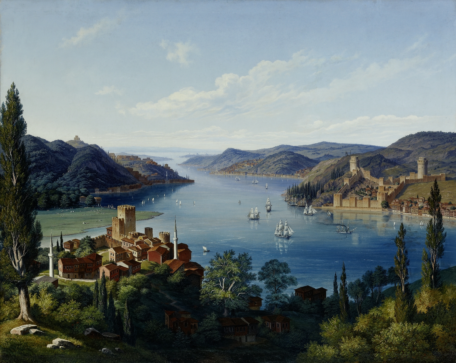 Der Bosporus mit der Fernsicht auf Constantinopel, von der asiatischen Seite aufgenommen, 1854, Öl auf Leinwand, Inv.-Nr. 9090-49