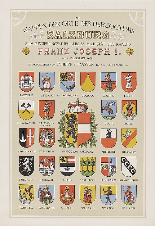 Hugo Gerhard Ströhl, Coat of arms of the districts of the Duchy of Salzburg, published by Philipp Strasser, Salzburg, 1908, paper, lithography, inv. no. BIB PLA 11646
