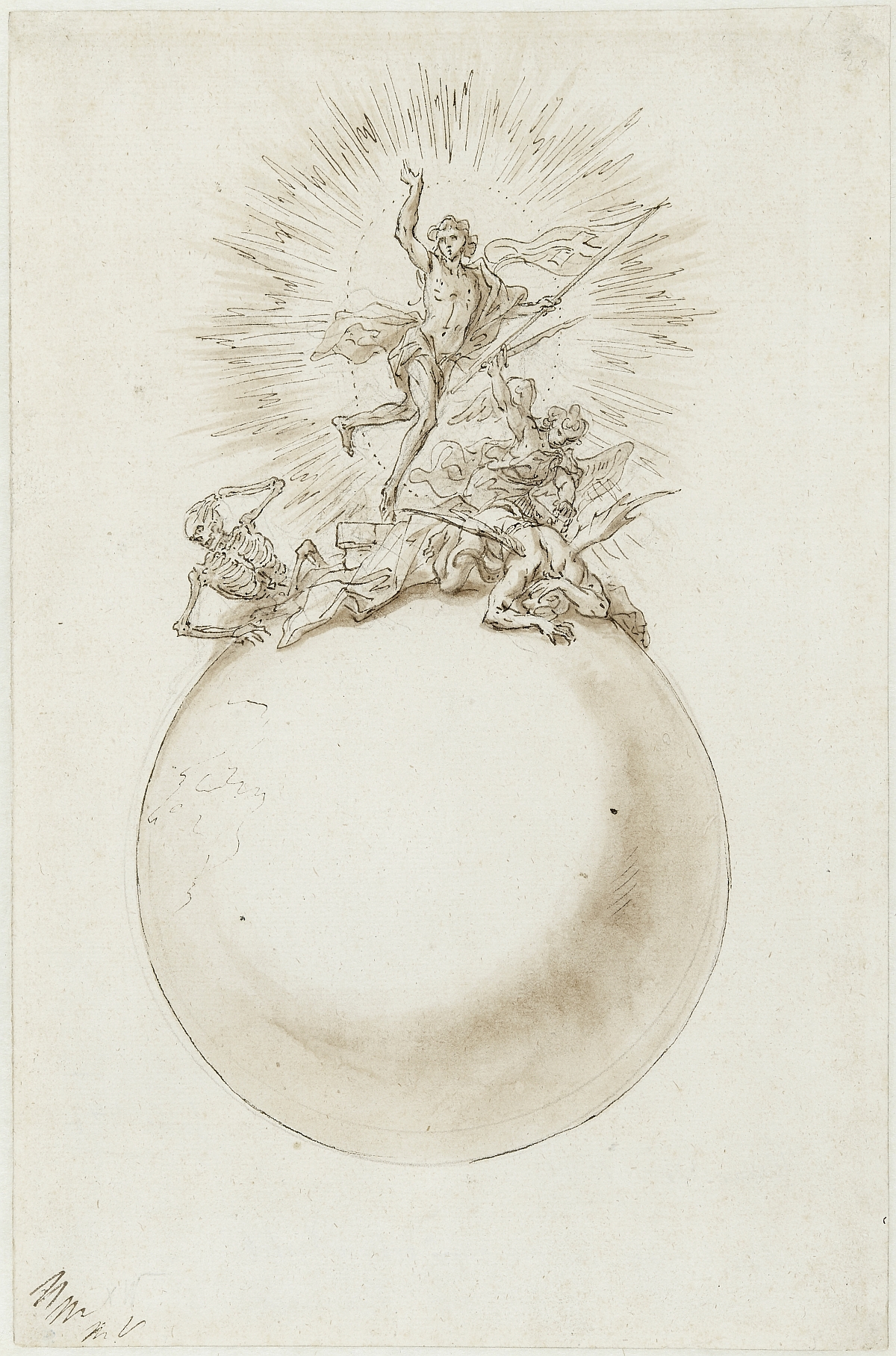 Christus as Victor over Death and Hell, Martino Altomonte, pen and bistre over lead stylus, brown wash on paper, inv. no. RO 1080; design for the tabernacle crown of the Christ Altar in the Trinity Chapel of Stadl-Paura near Lambach, 1723