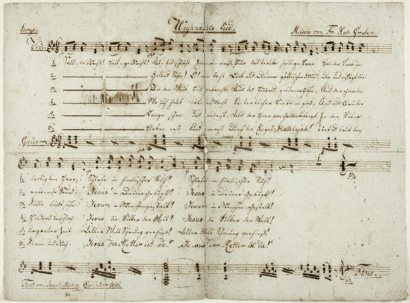Joseph Mohr; Franz Xaver Gruber, Weihnachtslied "Stille Nacht! Heil'ge Nacht!", Salzburg, um 1824, Eisengallustinte auf Büttenpapier, Inv.-Nr. BIB HS 1814-97