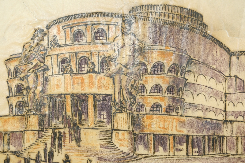 Entwurf für ein Festspielhaus wohl für Hellbrunn, Zeichnung von Martin Knoll, nach einem Entwurf von Wunibald Deininger, 1921/22, Pastellkreide auf Transparentpapier, Inv.-Nr. AR 004-2014