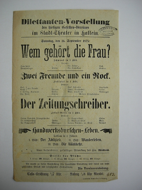 Gesellen-Verein Hallein, publisher, theatre bill, Stadttheater Hallein: Wem gehört die Frau? (Who does the woman belong to?), paper, print, inv. no. TZH 0041