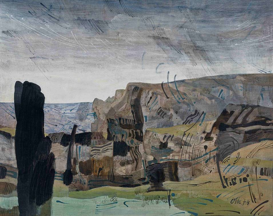 Werner Otte (1922–1996), Landschaft mit Regenschauer, 1974, Acryl, Öl auf Platte, Salzburg Museum, © Hanns und Werner Otte, Salzburg