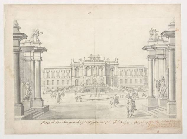 Johann Bernhard Fischer von Erlach (1656–1723), Schloss Kleßheim bei Salzburg, Vorzeichnung zu Historische Architektur IV/17, nach 1700, Bleigriffel, Tusche laviert, © National- und Universitätsbibliothek Zagreb