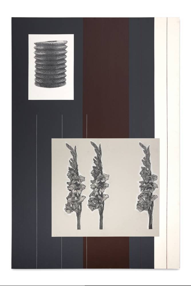 Roman Patrick Scherrer, ohne Titel 2023, Bleistift, Buntstift und Acryl auf Malkarton, 150 x 100 cm, (Gladiolen), InvNr 1233-2024