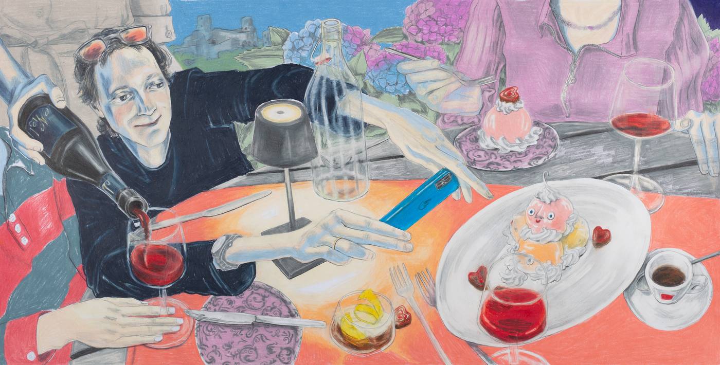 Emma Peinhopf, just-Onkel-Wolfi-things, 2023, Buntstift und Bleistift auf Papier, 42 x 84 cm, InvNr 1234-2024